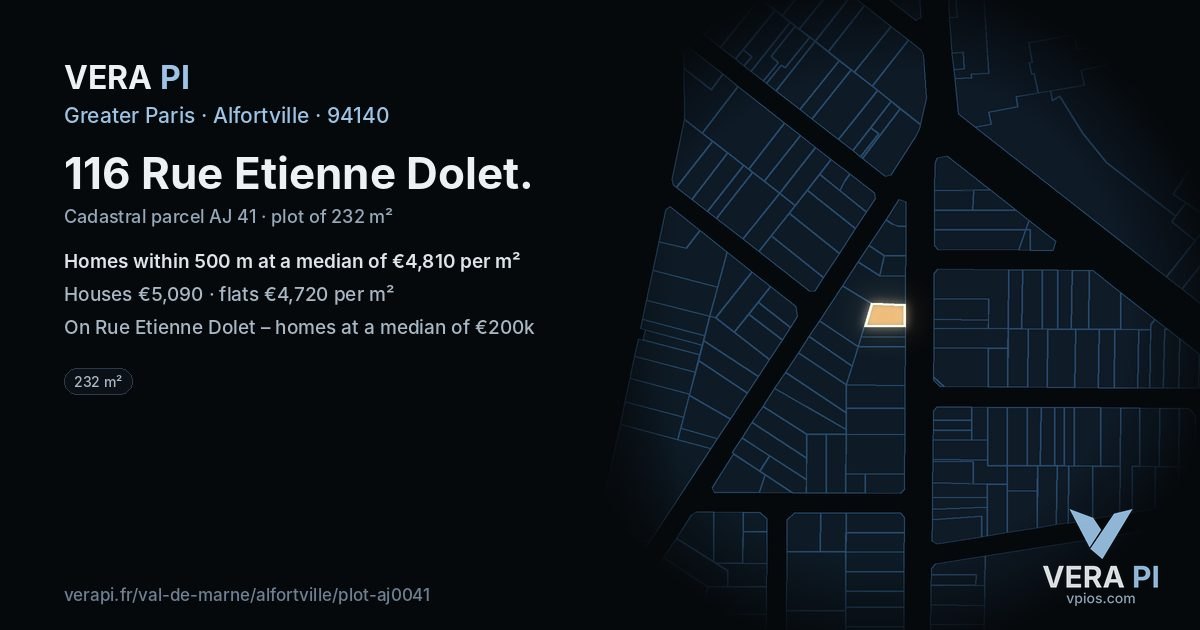 116 Rue Etienne Dolet, Alfortville at night – the plot lit, the parcels around coloured by the prices near them