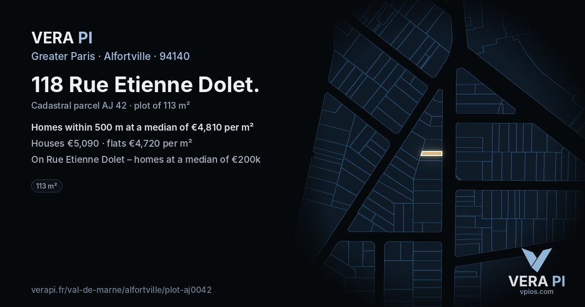 118 Rue Etienne Dolet, Alfortville at night – the plot lit, the parcels around coloured by the prices near them