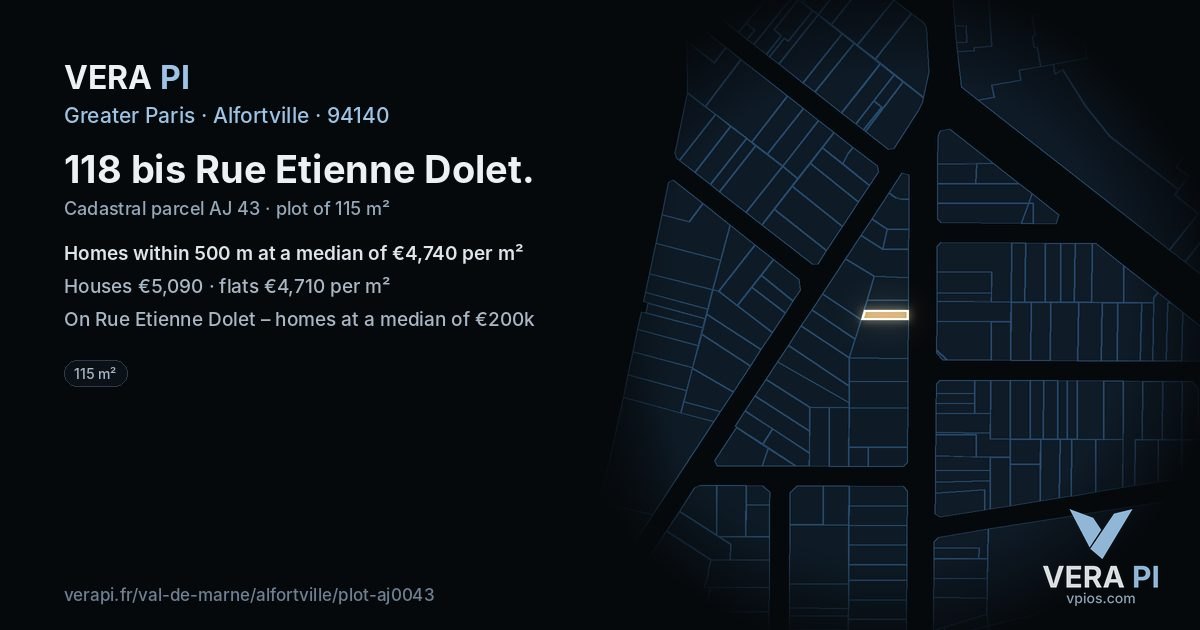 118 bis Rue Etienne Dolet, Alfortville at night – the plot lit, the parcels around coloured by the prices near them