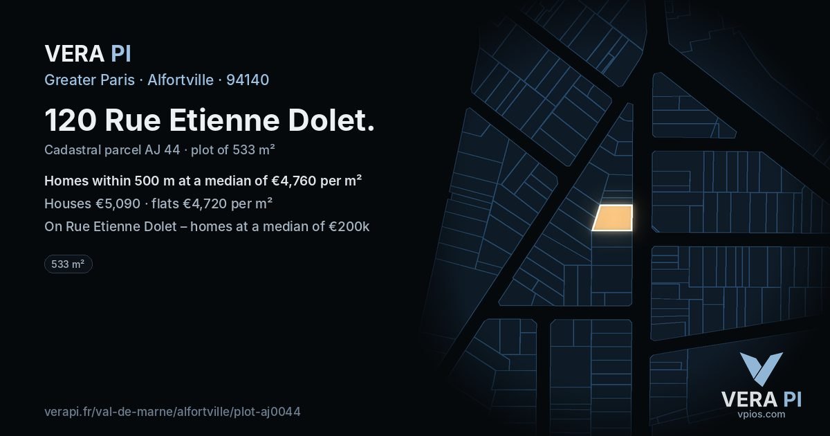 120 Rue Etienne Dolet, Alfortville at night – the plot lit, the parcels around coloured by the prices near them