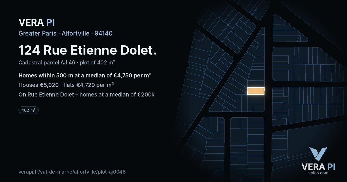 124 Rue Etienne Dolet, Alfortville at night – the plot lit, the parcels around coloured by the prices near them