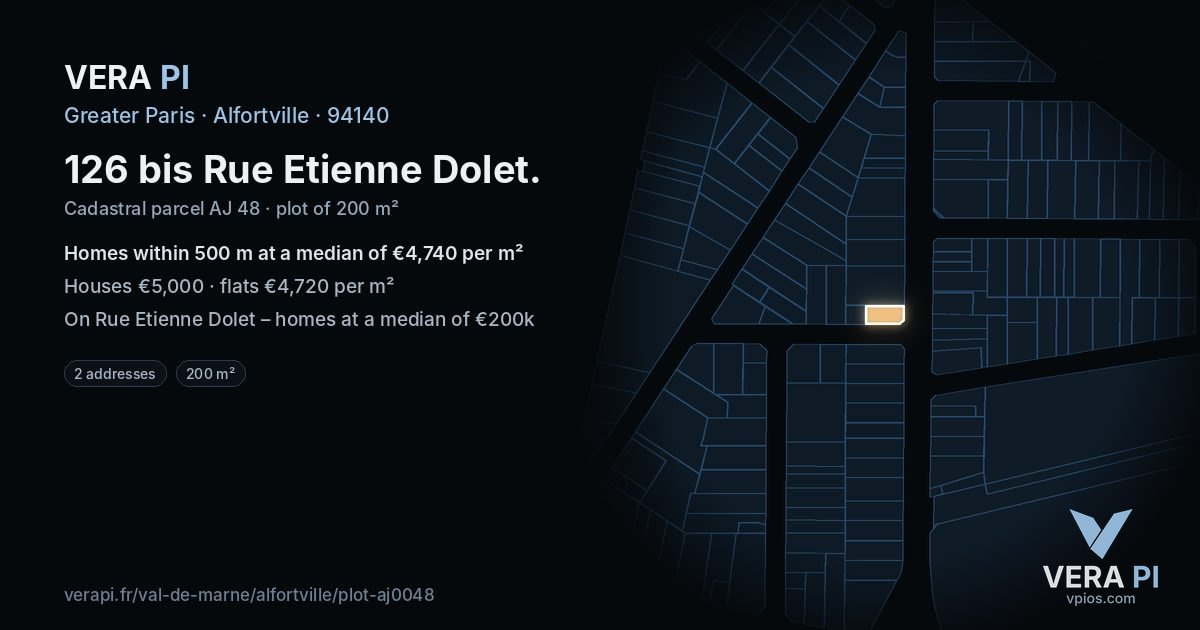 126 bis Rue Etienne Dolet, Alfortville at night – the plot lit, the parcels around coloured by the prices near them