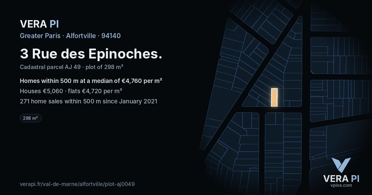 3 Rue des Epinoches, Alfortville at night – the plot lit, the parcels around coloured by the prices near them