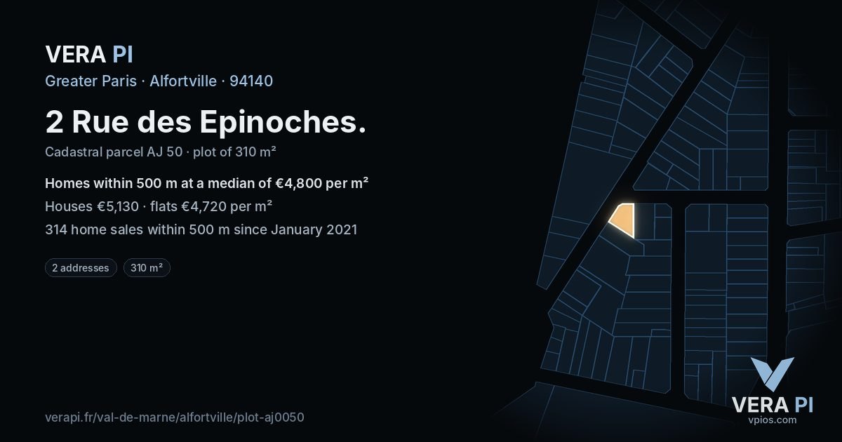 2 Rue des Epinoches, Alfortville at night – the plot lit, the parcels around coloured by the prices near them