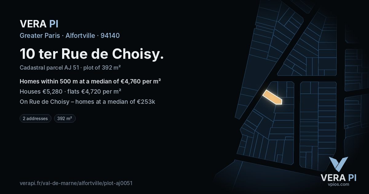 10 ter Rue de Choisy, Alfortville at night – the plot lit, the parcels around coloured by the prices near them