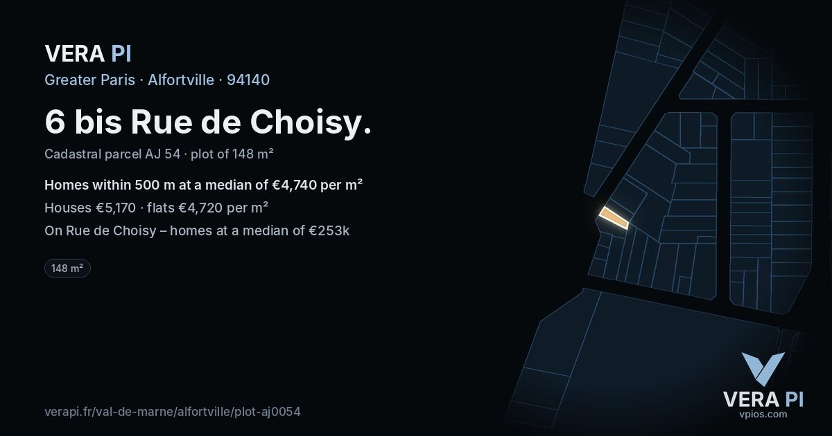 6 bis Rue de Choisy, Alfortville at night – the plot lit, the parcels around coloured by the prices near them