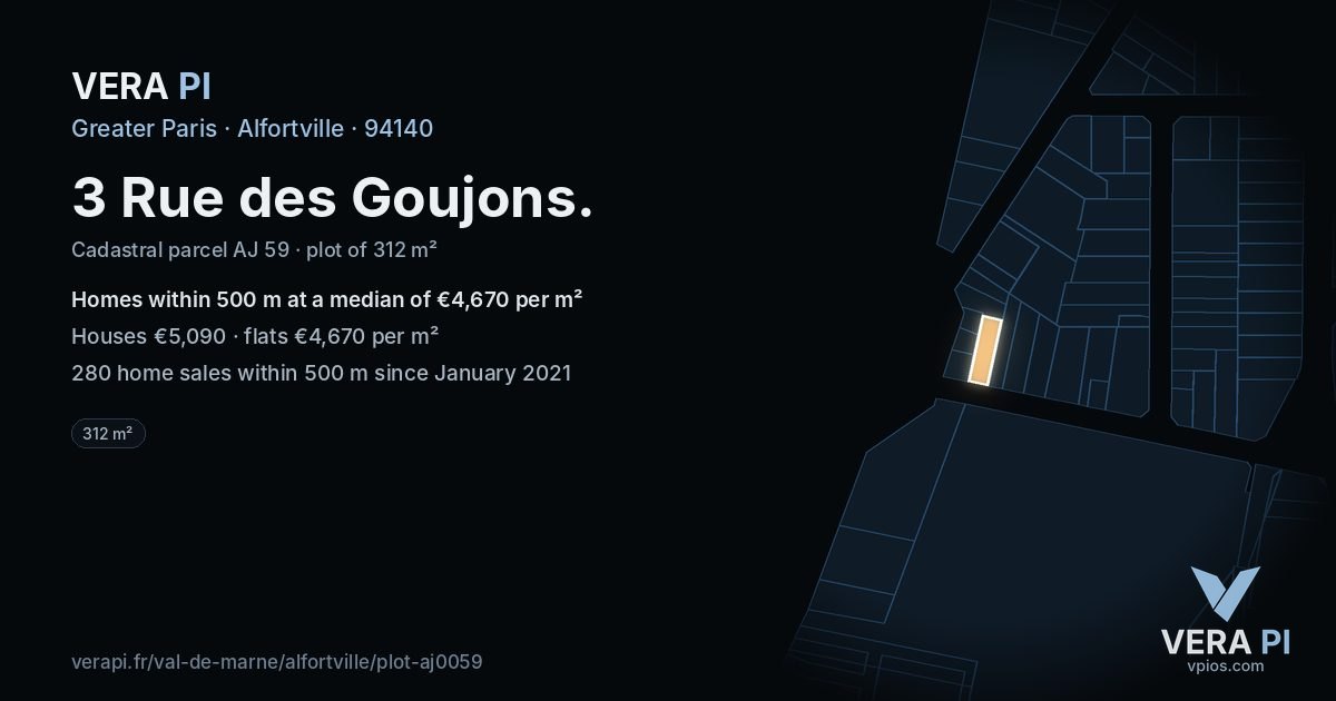 3 Rue des Goujons, Alfortville at night – the plot lit, the parcels around coloured by the prices near them