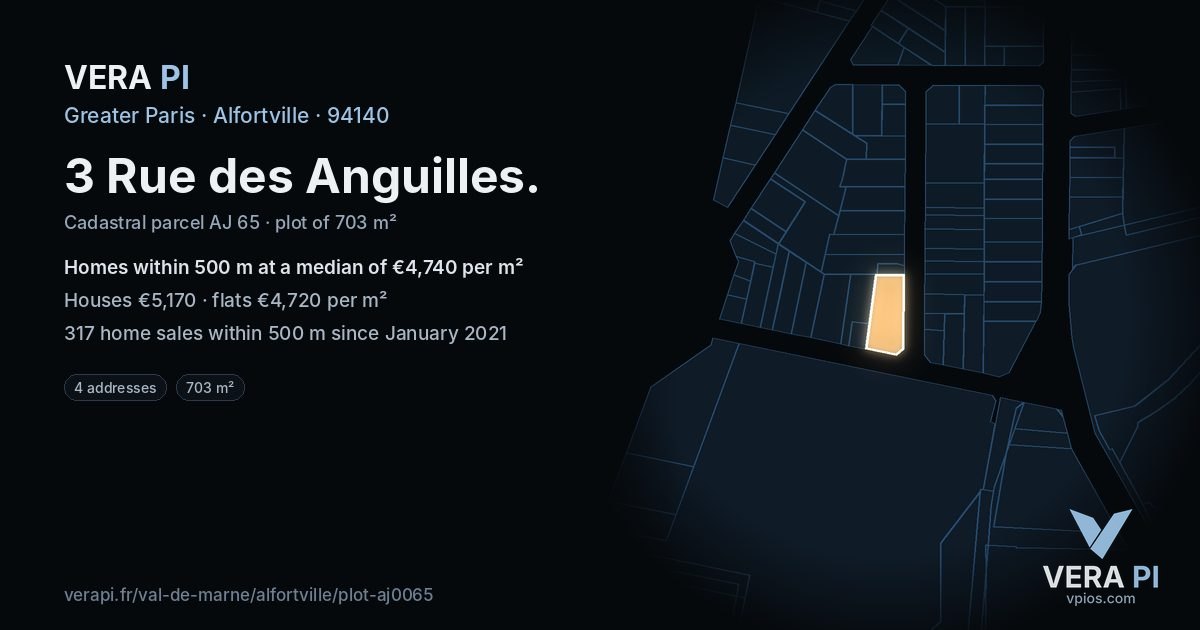 3 Rue des Anguilles, Alfortville at night – the plot lit, the parcels around coloured by the prices near them