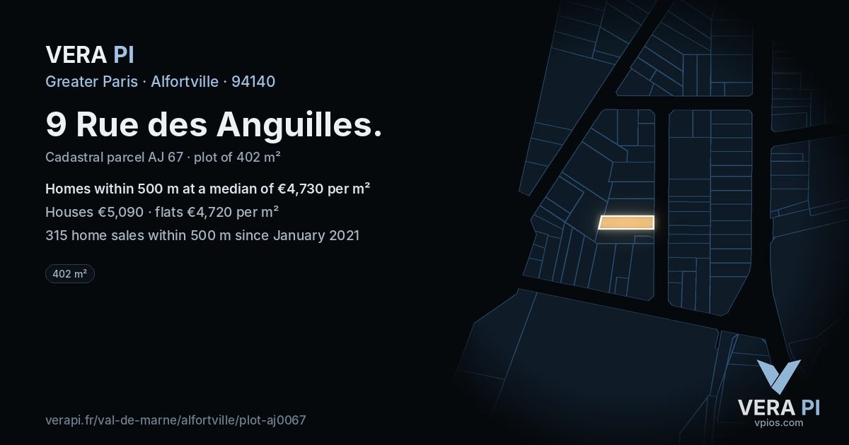 9 Rue des Anguilles, Alfortville at night – the plot lit, the parcels around coloured by the prices near them