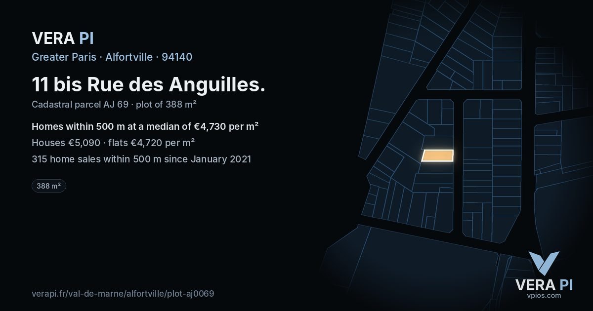 11 bis Rue des Anguilles, Alfortville at night – the plot lit, the parcels around coloured by the prices near them