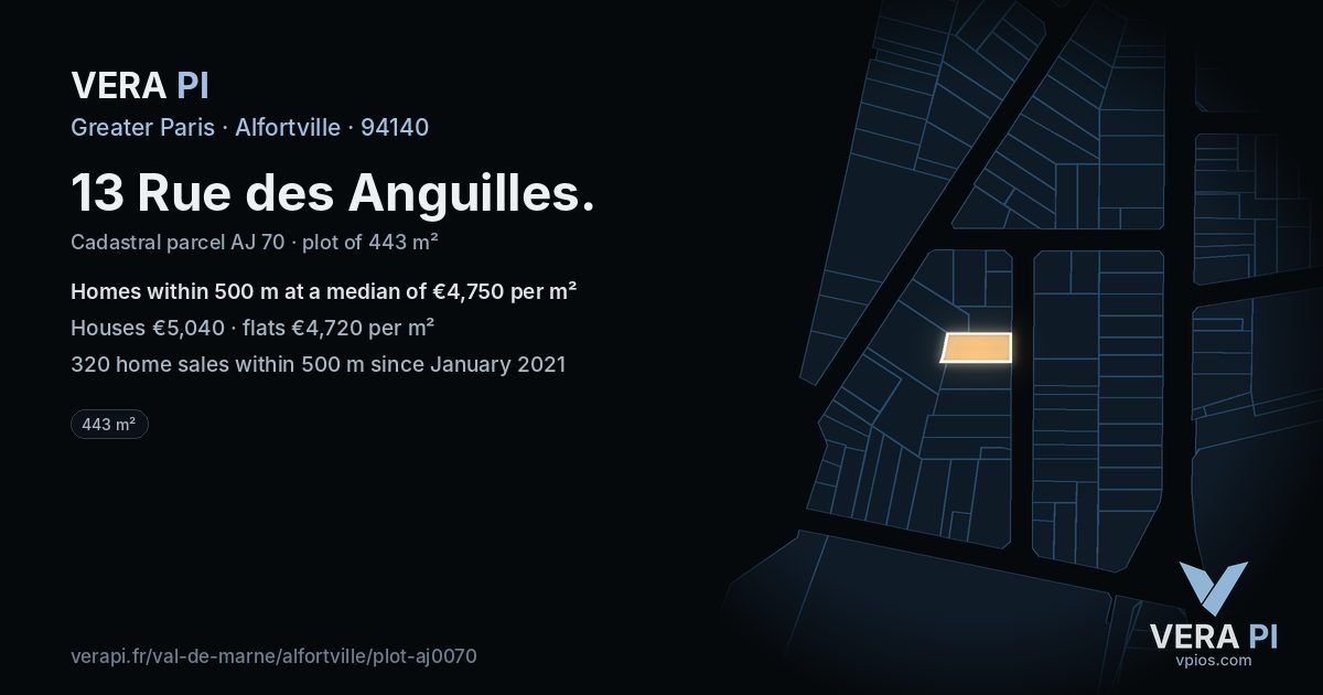 13 Rue des Anguilles, Alfortville at night – the plot lit, the parcels around coloured by the prices near them