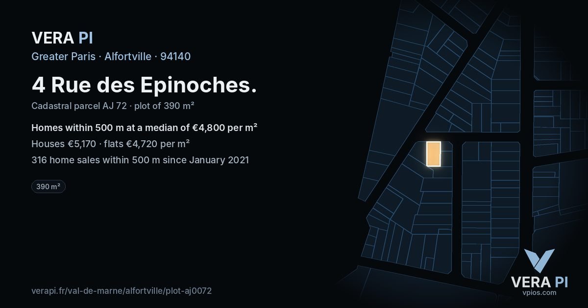 4 Rue des Epinoches, Alfortville at night – the plot lit, the parcels around coloured by the prices near them