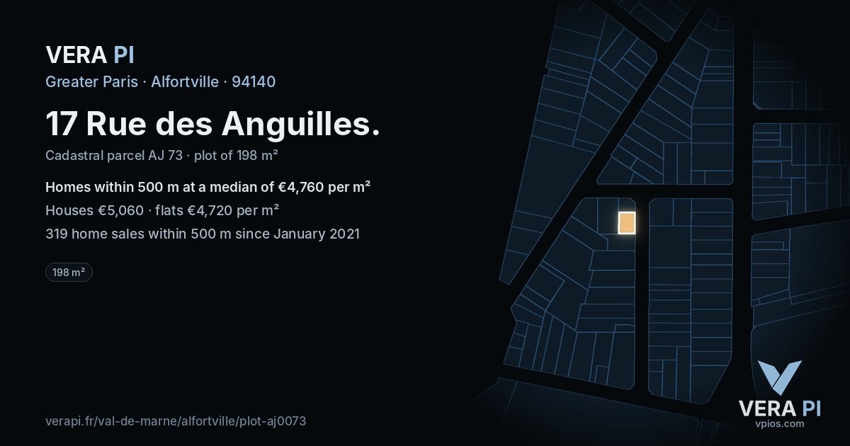 17 Rue des Anguilles, Alfortville at night – the plot lit, the parcels around coloured by the prices near them