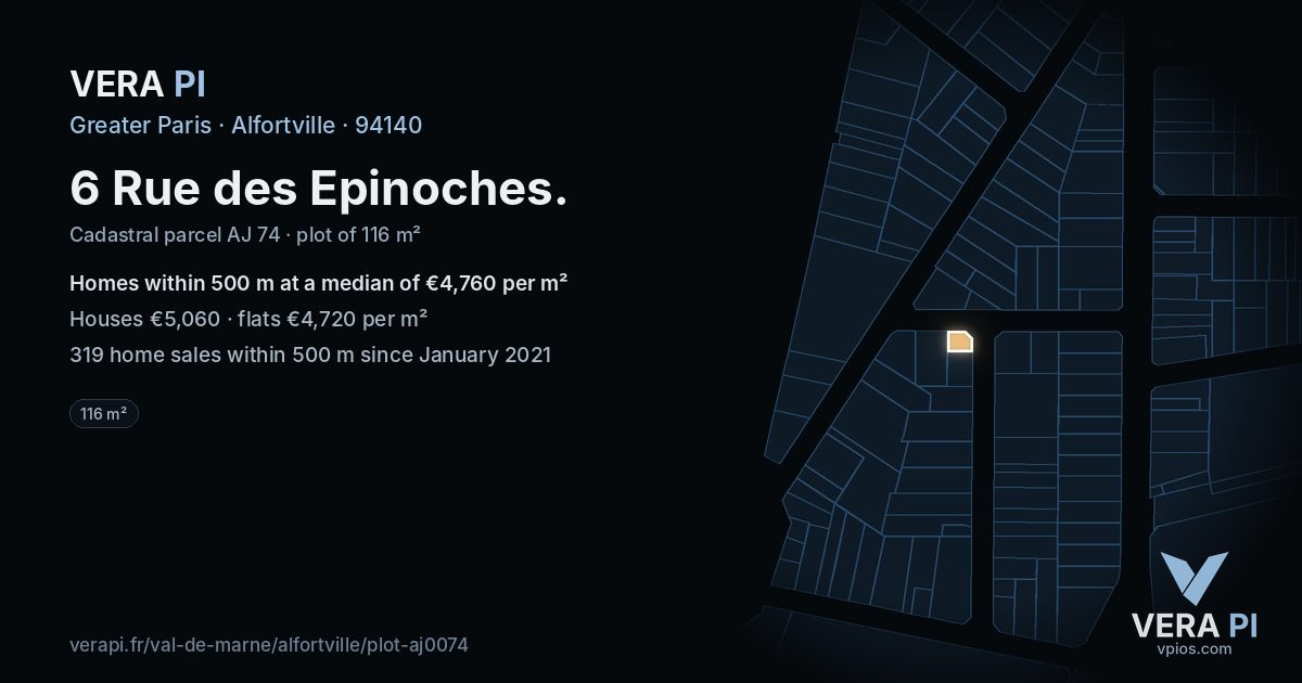 6 Rue des Epinoches, Alfortville at night – the plot lit, the parcels around coloured by the prices near them