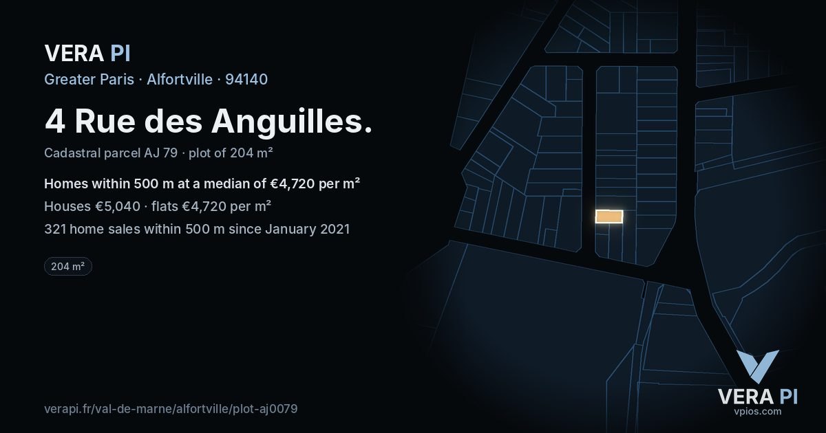 4 Rue des Anguilles, Alfortville at night – the plot lit, the parcels around coloured by the prices near them
