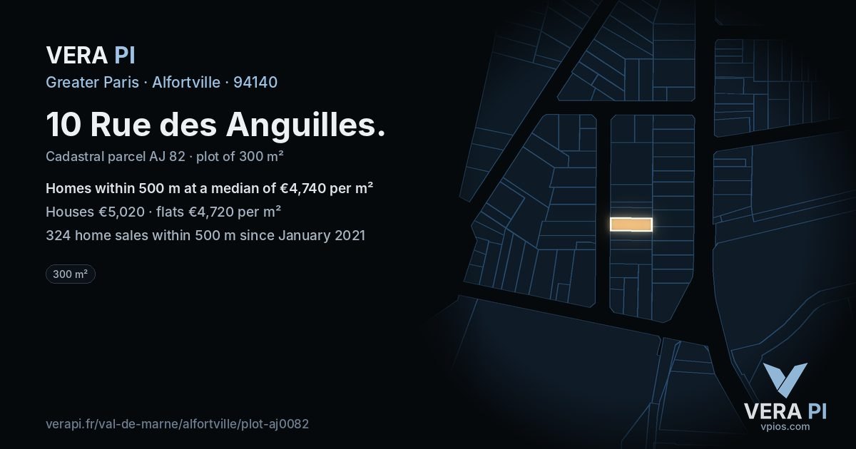 10 Rue des Anguilles, Alfortville at night – the plot lit, the parcels around coloured by the prices near them