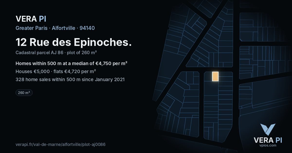 12 Rue des Epinoches, Alfortville at night – the plot lit, the parcels around coloured by the prices near them