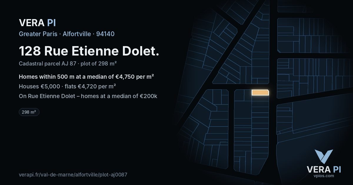 128 Rue Etienne Dolet, Alfortville at night – the plot lit, the parcels around coloured by the prices near them