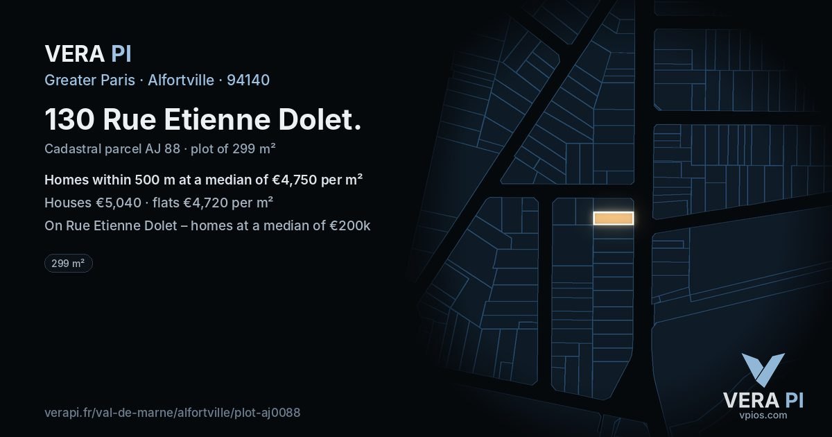 130 Rue Etienne Dolet, Alfortville at night – the plot lit, the parcels around coloured by the prices near them