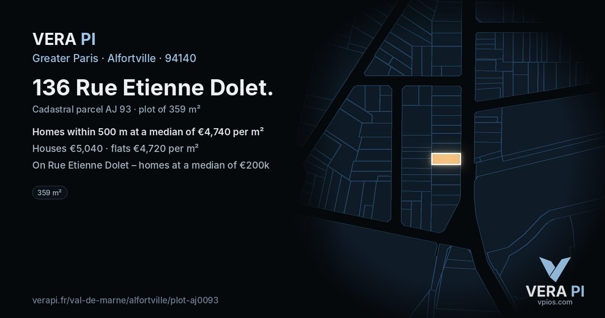 136 Rue Etienne Dolet, Alfortville at night – the plot lit, the parcels around coloured by the prices near them