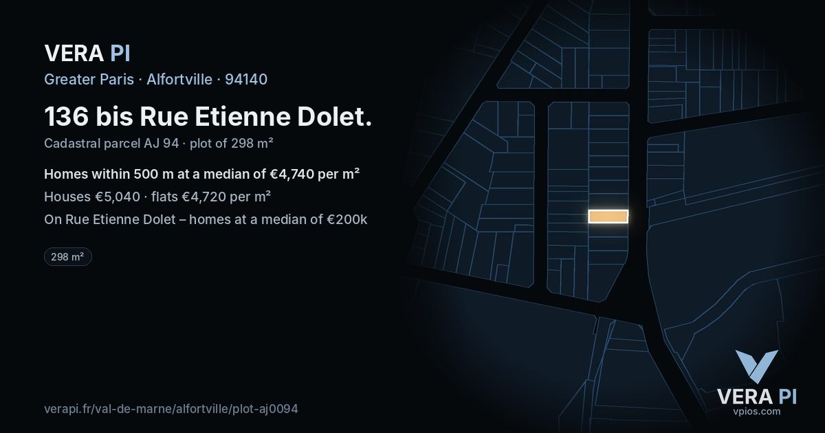 136 bis Rue Etienne Dolet, Alfortville at night – the plot lit, the parcels around coloured by the prices near them