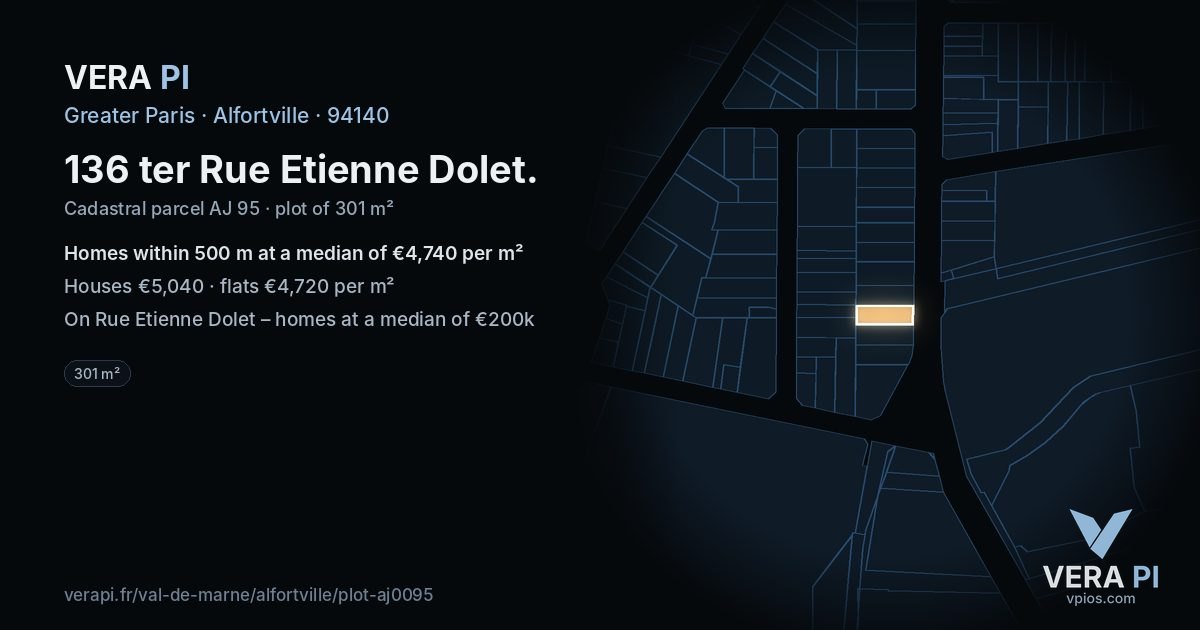 136 ter Rue Etienne Dolet, Alfortville at night – the plot lit, the parcels around coloured by the prices near them
