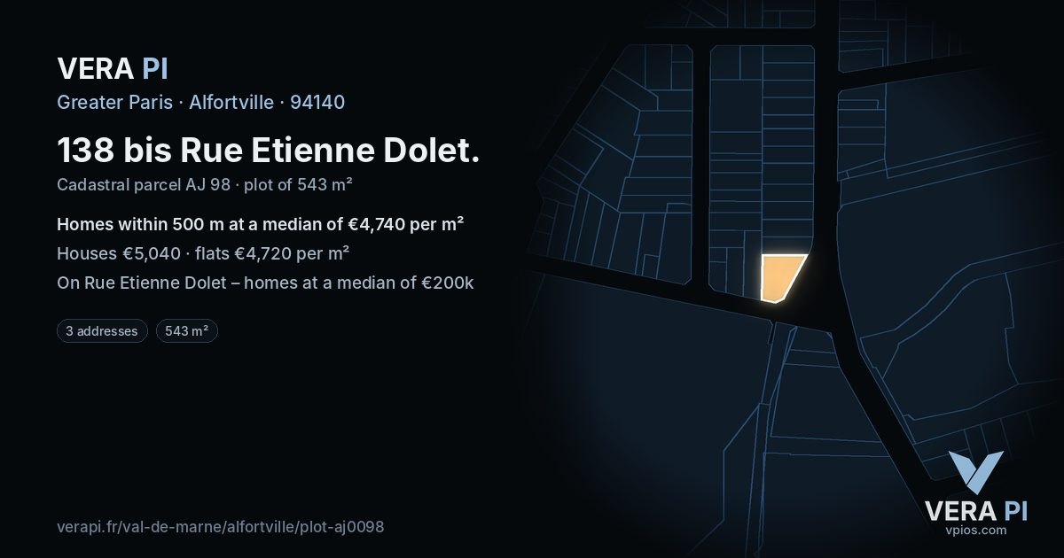 138 bis Rue Etienne Dolet, Alfortville at night – the plot lit, the parcels around coloured by the prices near them