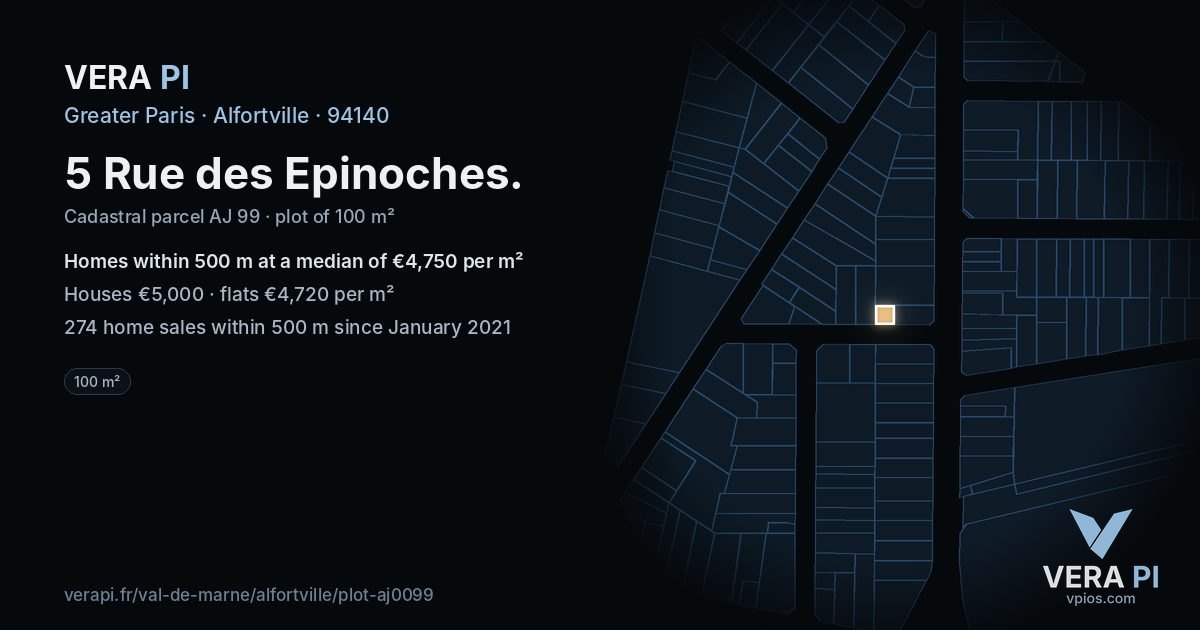 5 Rue des Epinoches, Alfortville at night – the plot lit, the parcels around coloured by the prices near them