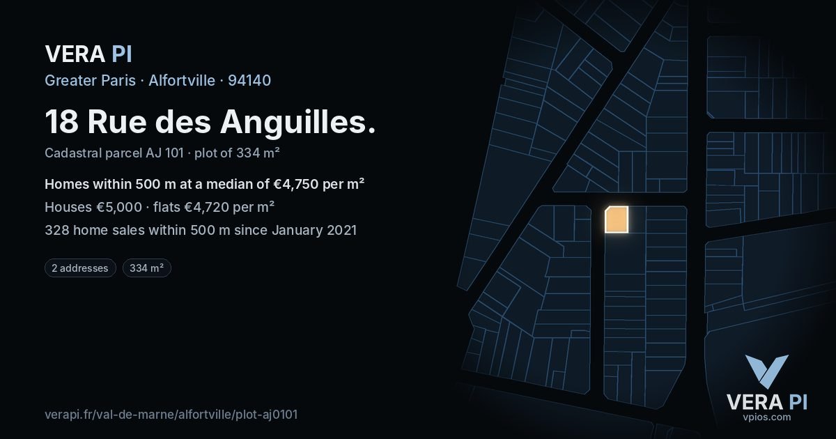 18 Rue des Anguilles, Alfortville at night – the plot lit, the parcels around coloured by the prices near them