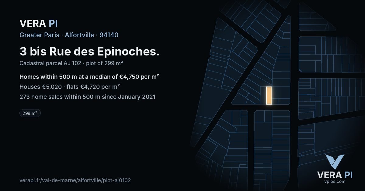 3 bis Rue des Epinoches, Alfortville at night – the plot lit, the parcels around coloured by the prices near them