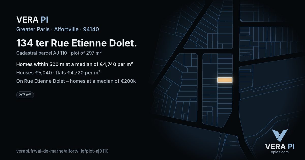 134 ter Rue Etienne Dolet, Alfortville at night – the plot lit, the parcels around coloured by the prices near them