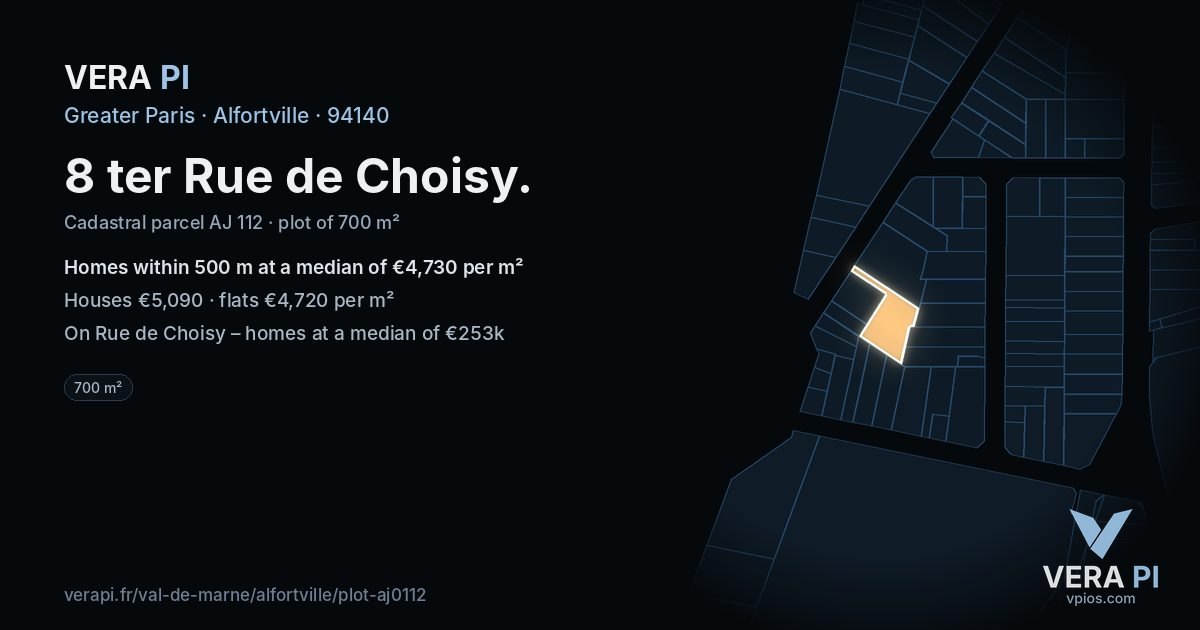 8 ter Rue de Choisy, Alfortville at night – the plot lit, the parcels around coloured by the prices near them
