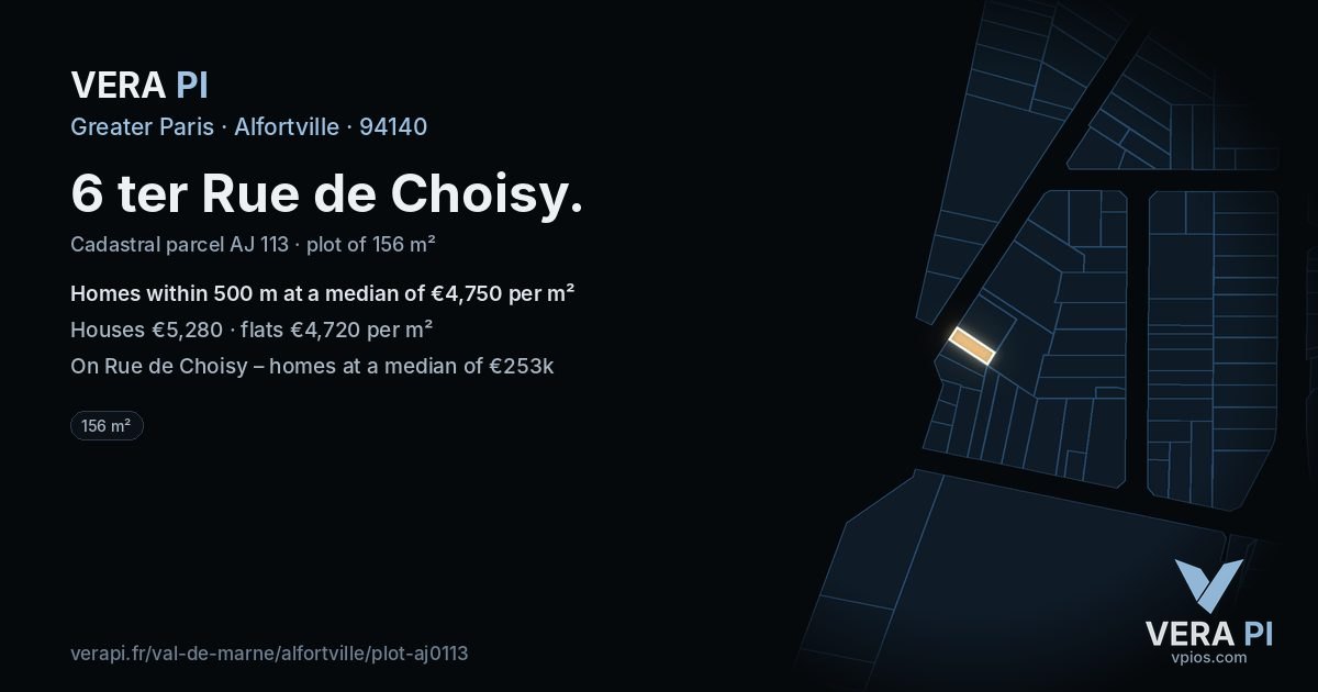 6 ter Rue de Choisy, Alfortville at night – the plot lit, the parcels around coloured by the prices near them