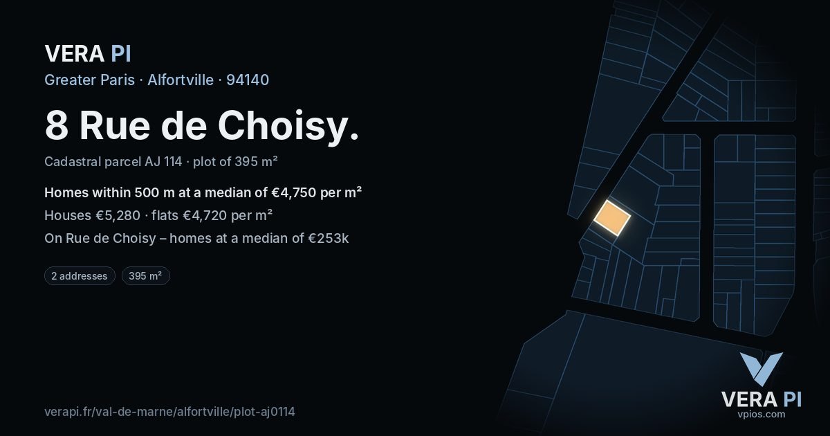 8 Rue de Choisy, Alfortville at night – the plot lit, the parcels around coloured by the prices near them