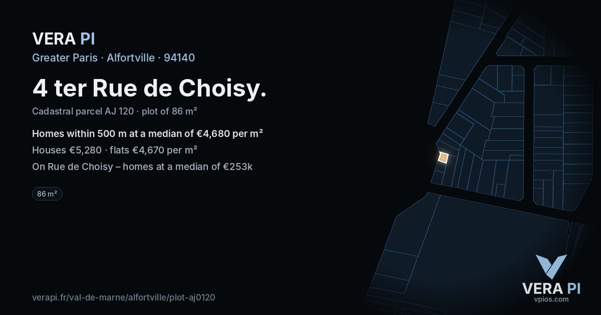 4 ter Rue de Choisy, Alfortville at night – the plot lit, the parcels around coloured by the prices near them