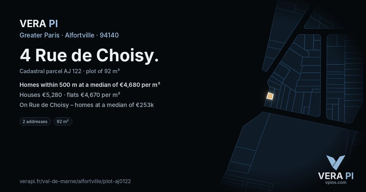 4 Rue de Choisy, Alfortville at night – the plot lit, the parcels around coloured by the prices near them