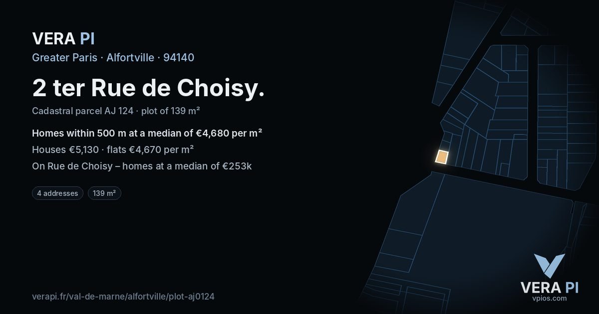 2 ter Rue de Choisy, Alfortville at night – the plot lit, the parcels around coloured by the prices near them