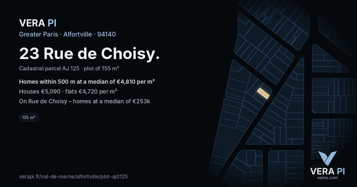 23 Rue de Choisy, Alfortville at night – the plot lit, the parcels around coloured by the prices near them