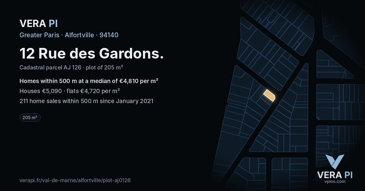 12 Rue des Gardons, Alfortville at night – the plot lit, the parcels around coloured by the prices near them