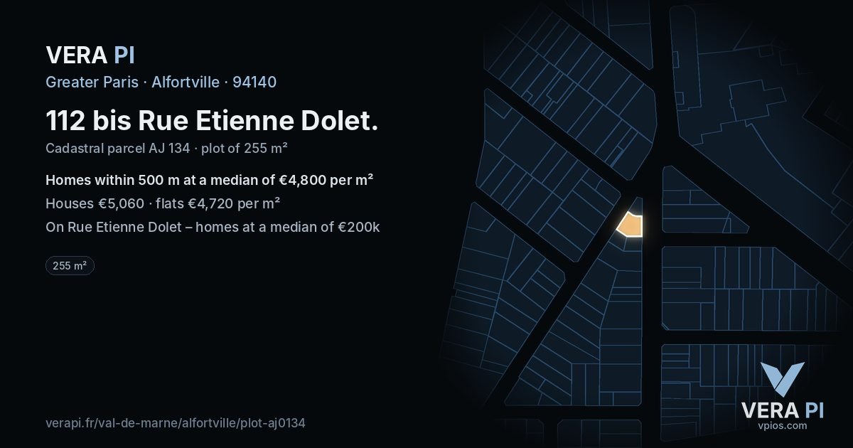 112 bis Rue Etienne Dolet, Alfortville at night – the plot lit, the parcels around coloured by the prices near them