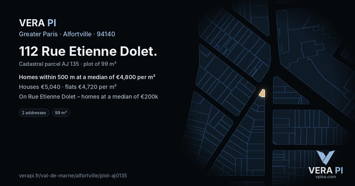 112 Rue Etienne Dolet, Alfortville at night – the plot lit, the parcels around coloured by the prices near them