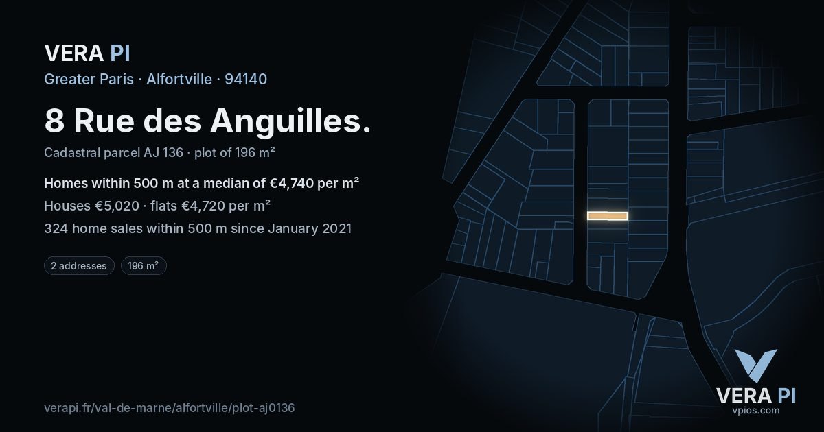 8 Rue des Anguilles, Alfortville at night – the plot lit, the parcels around coloured by the prices near them