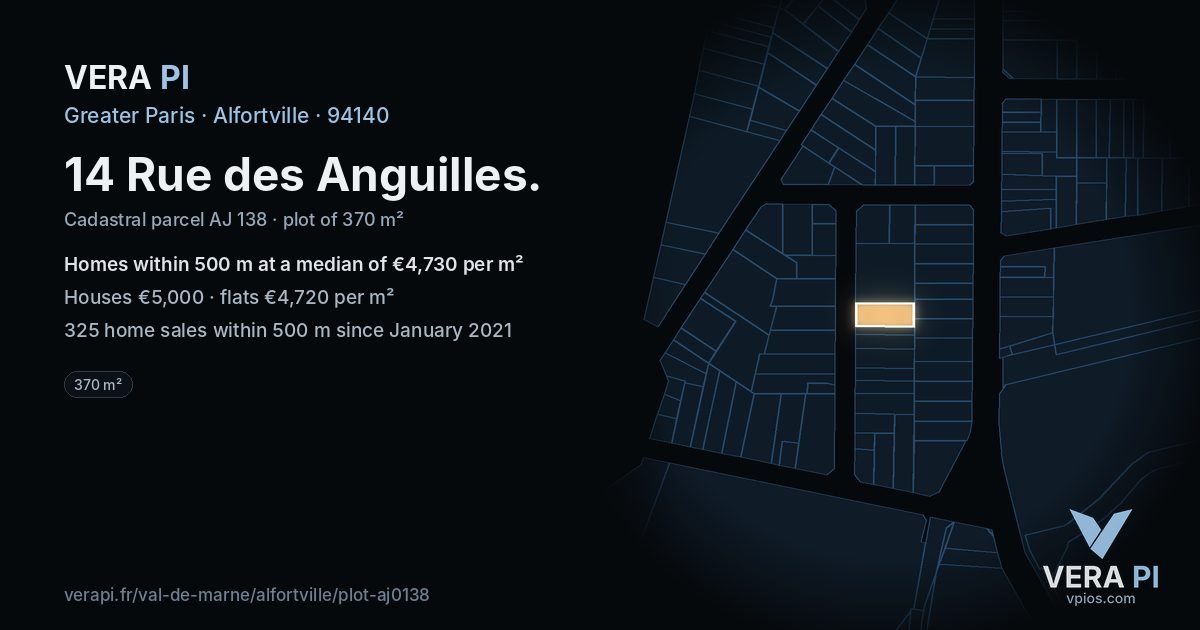 14 Rue des Anguilles, Alfortville at night – the plot lit, the parcels around coloured by the prices near them