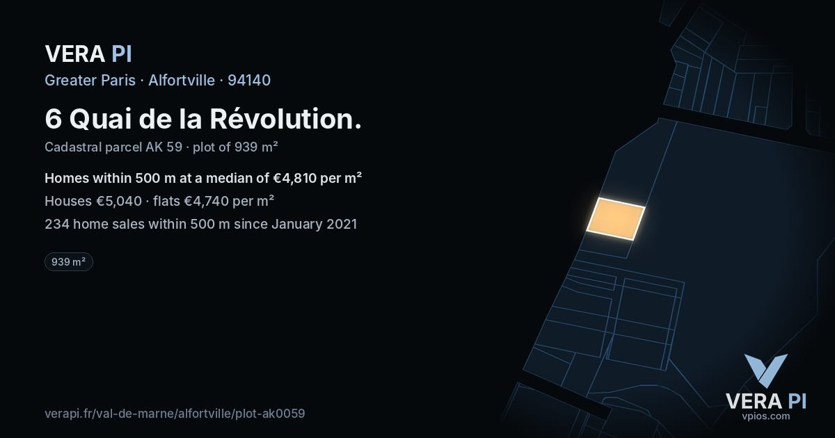 6 Quai de la Révolution, Alfortville at night – the plot lit, the parcels around coloured by the prices near them
