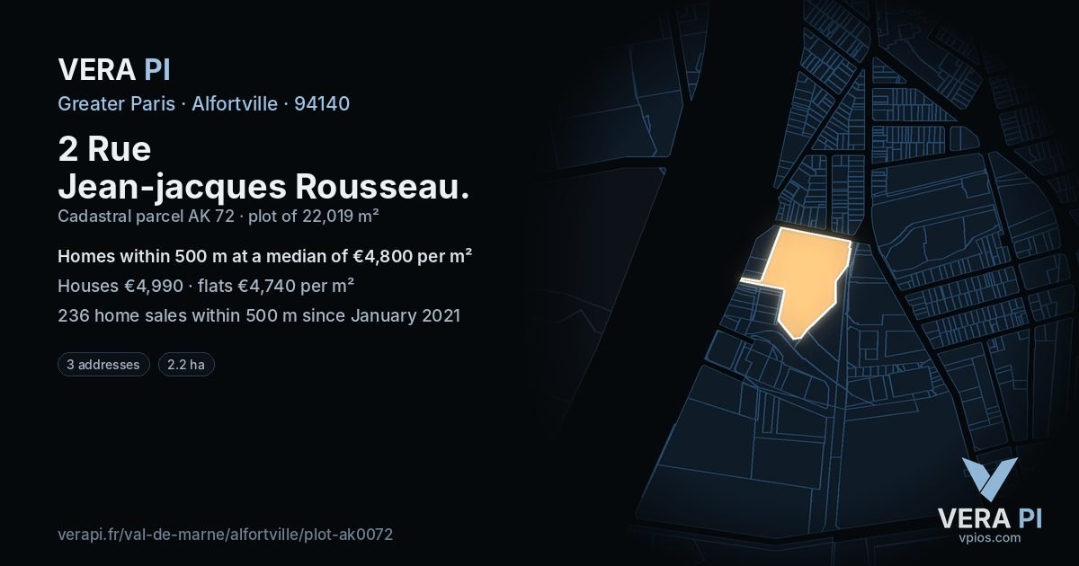 2 Rue Jean-jacques Rousseau, Alfortville at night – the plot lit, the parcels around coloured by the prices near them