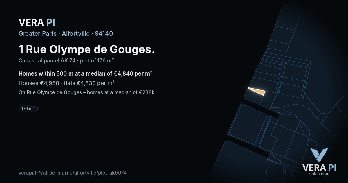 1 Rue Olympe de Gouges, Alfortville at night – the plot lit, the parcels around coloured by the prices near them