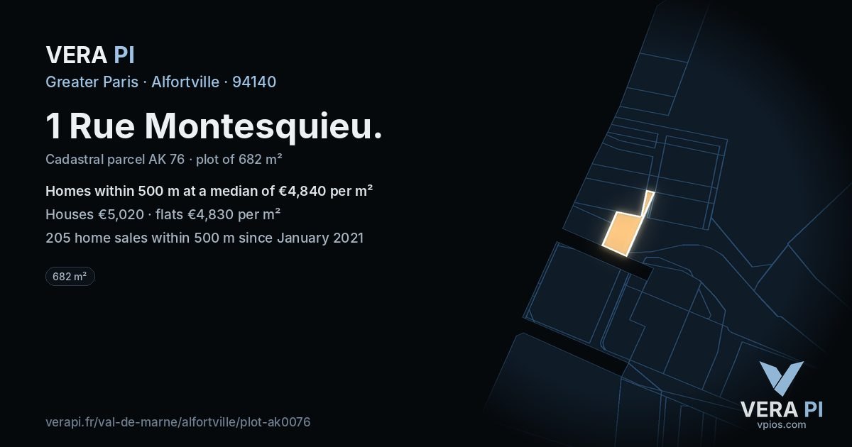 1 Rue Montesquieu, Alfortville at night – the plot lit, the parcels around coloured by the prices near them