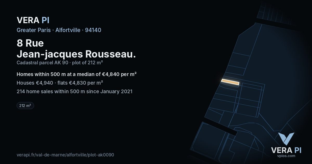 8 Rue Jean-jacques Rousseau, Alfortville at night – the plot lit, the parcels around coloured by the prices near them