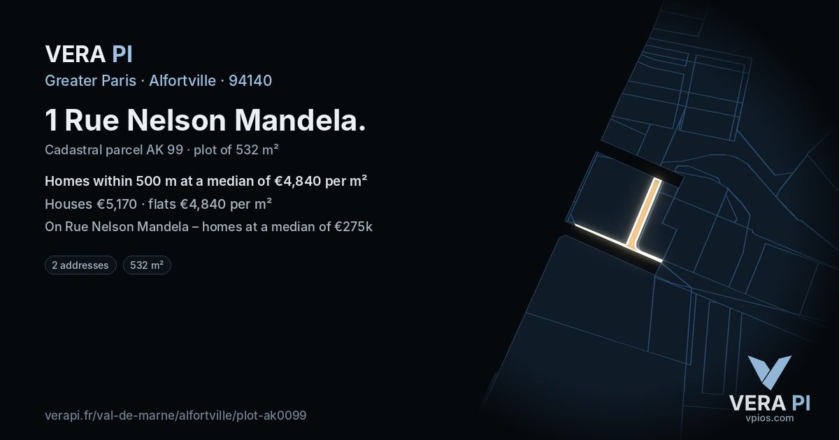 1 Rue Nelson Mandela, Alfortville at night – the plot lit, the parcels around coloured by the prices near them