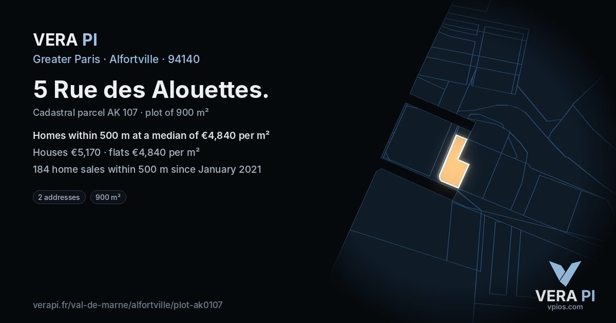 5 Rue des Alouettes, Alfortville at night – the plot lit, the parcels around coloured by the prices near them